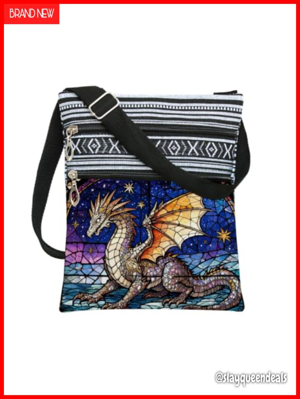 Ethnic Glass Dragon Print Crossbody Bag Polyester Adjustable Strap Zipper